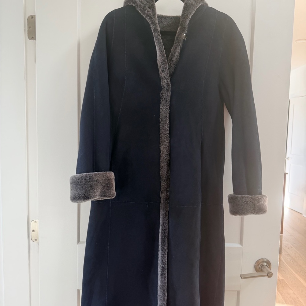 HiSO Women’s Zinnia Reversable Shearling Designer Dark Navy  Coat (Orig. $1,895)